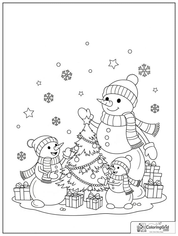 Snowman family decorating Christmas tree coloring page