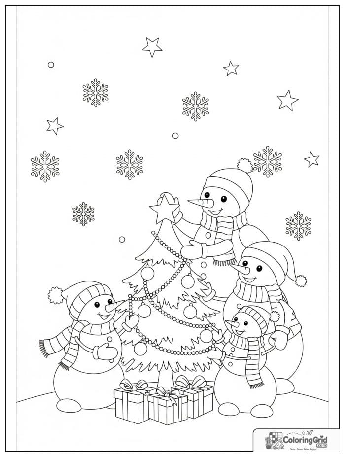 Snowman family decorating Christmas tree coloring page