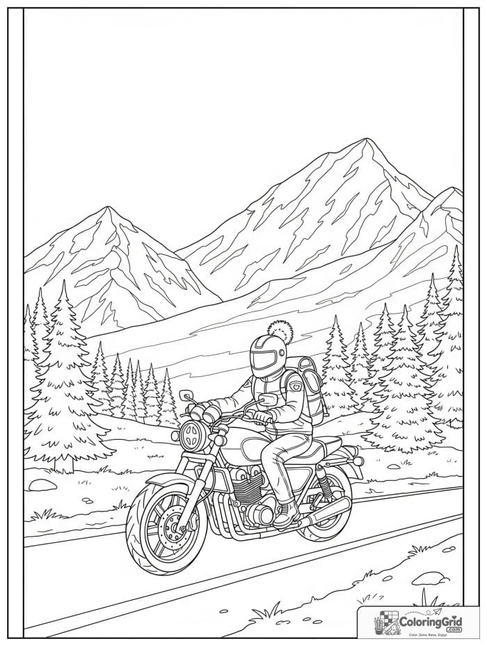 Motorcycle near snowy mountains for Motorcycle Coloring Pages
