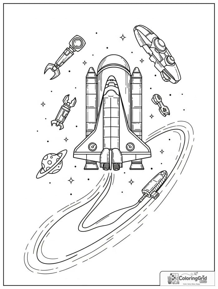 Space shuttle with floating tools coloring scene.