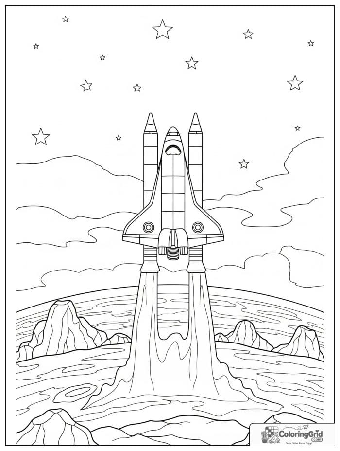 Space shuttle above planet horizon coloring design.