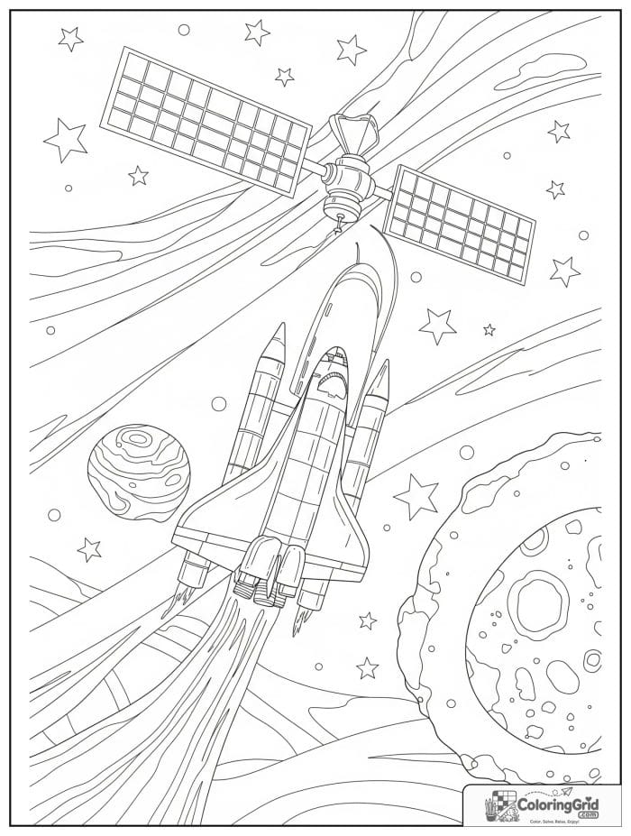 Space shuttle and satellite coloring artwork.