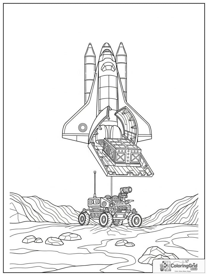 Space shuttle deploying a rover coloring scene.