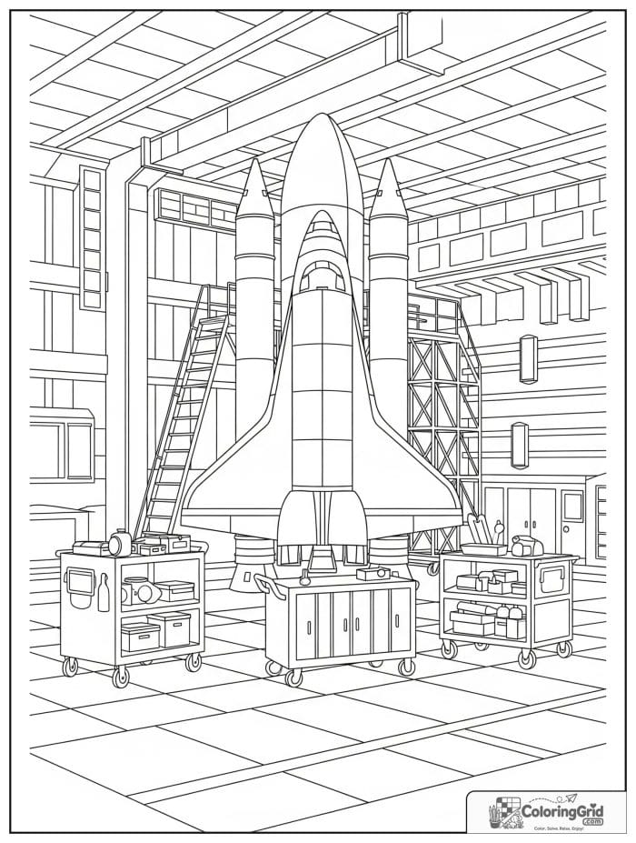 Space shuttle in hangar coloring illustration.