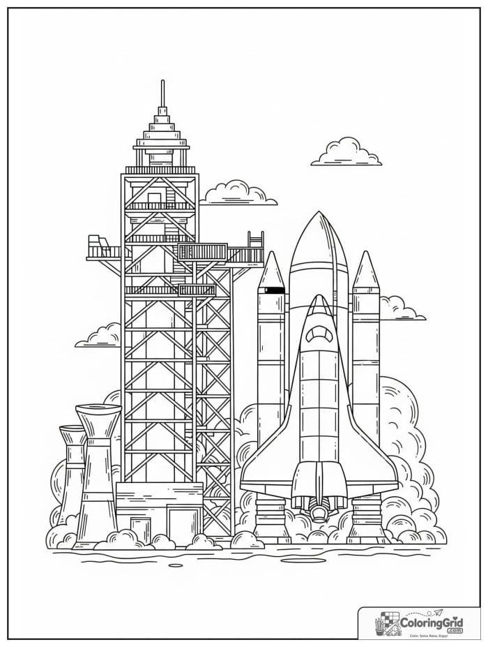 Detailed space shuttle launch tower coloring page.