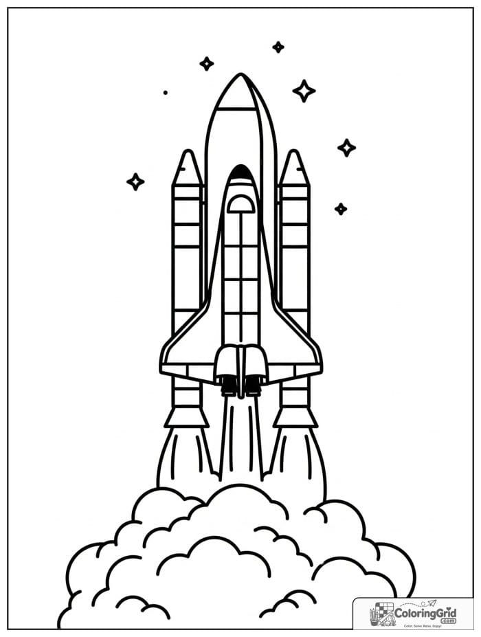 Space shuttle liftoff coloring page with smoke clouds.