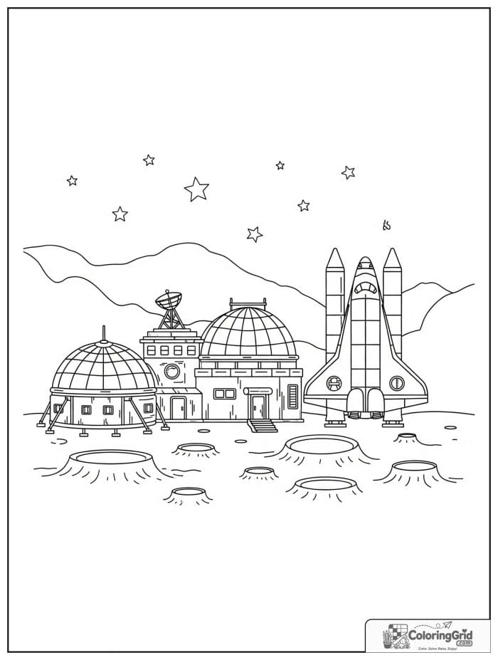 Space shuttle at moon base coloring page.