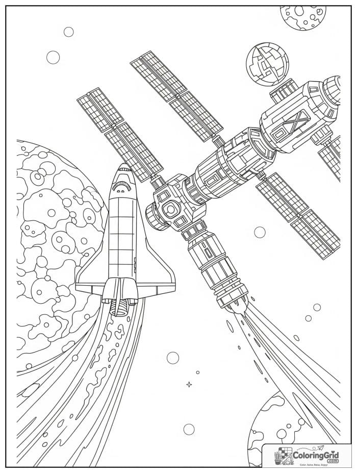 Space shuttle near space station coloring artwork.