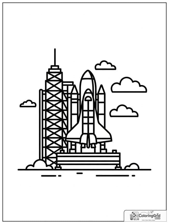 Space shuttle on a launch pad coloring sheet for kids.