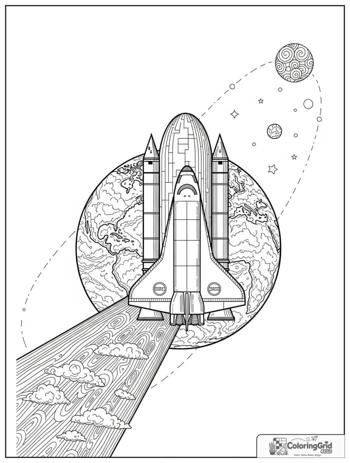 Detailed space shuttle orbiting Earth coloring sheet.