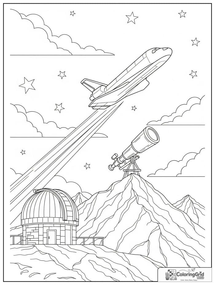 Space shuttle above observatory coloring illustration.