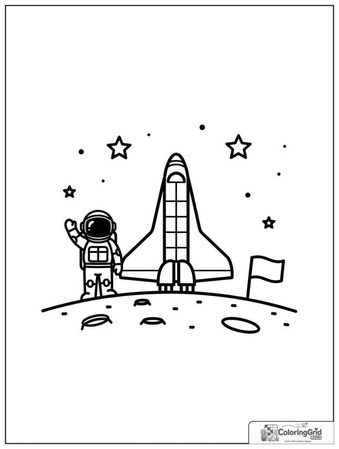 Space shuttle with astronaut waving coloring design.