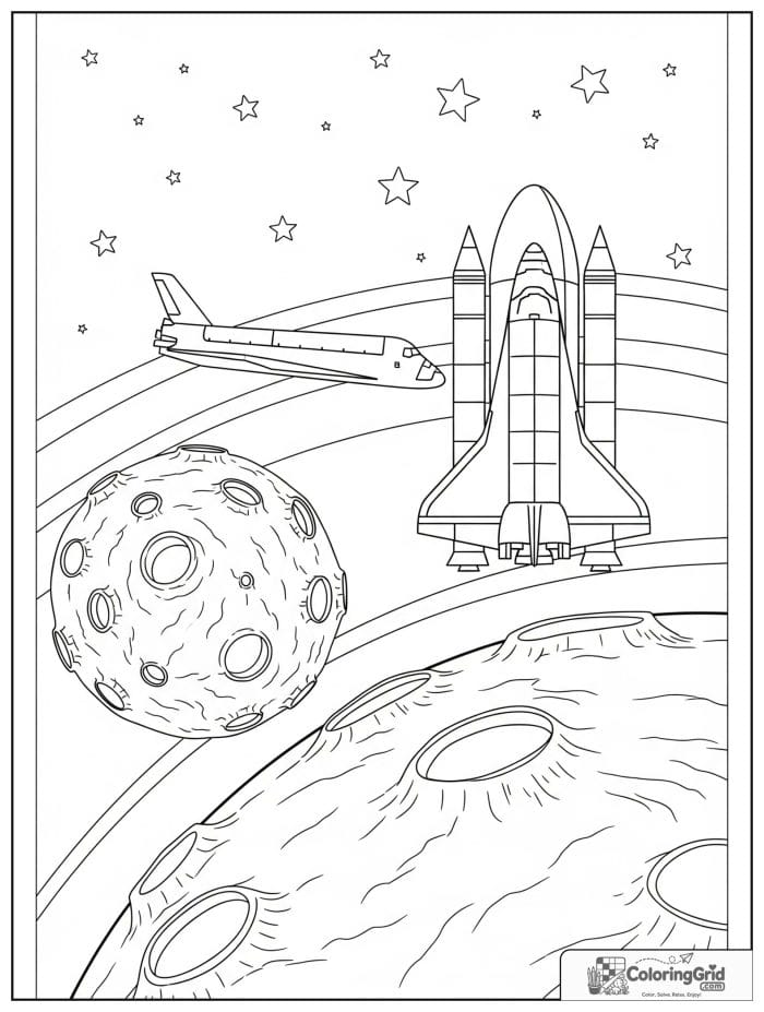 Space shuttle with moon craters coloring sheet.
