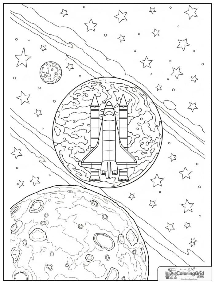 Space shuttle between Earth and moon coloring art.