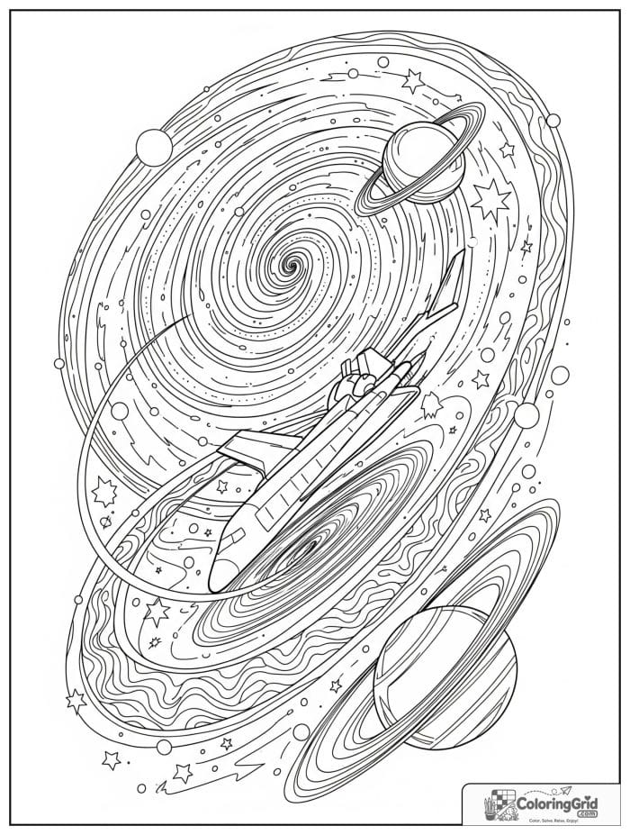 Space shuttle in galaxy swirls coloring design.