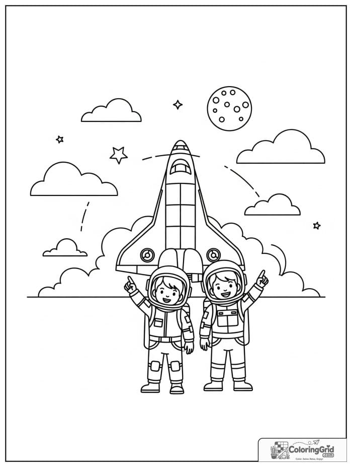 Space shuttle with kids in space suits coloring sheet.