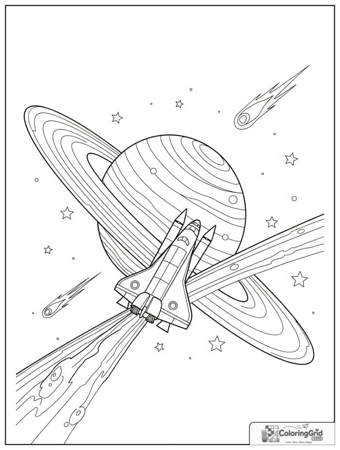 Space shuttle with ringed planet coloring printable.