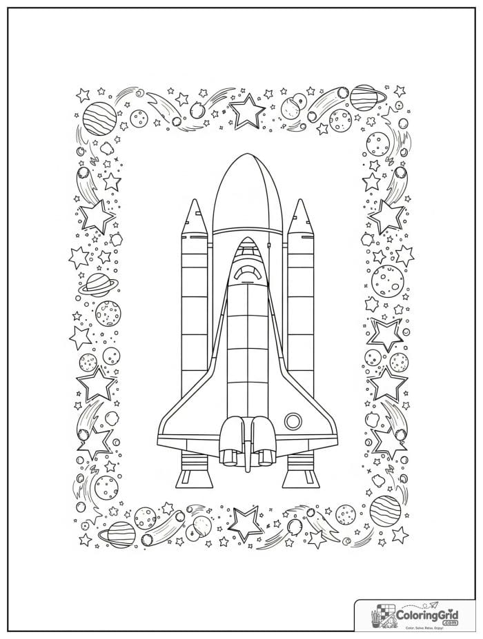 Space shuttle with star border coloring image.