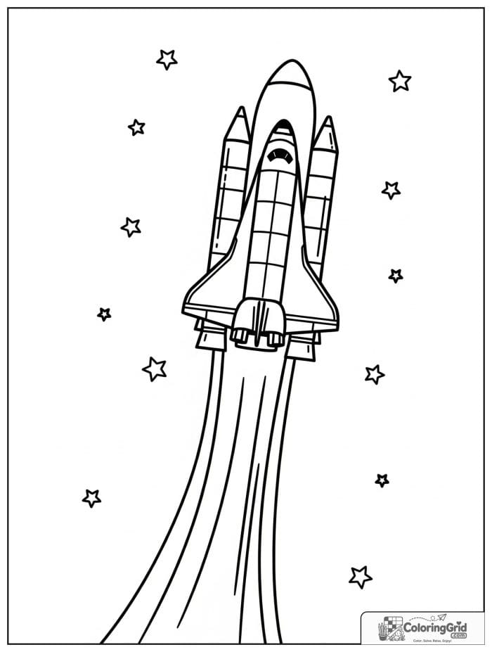 Space shuttle with trail through space coloring page.