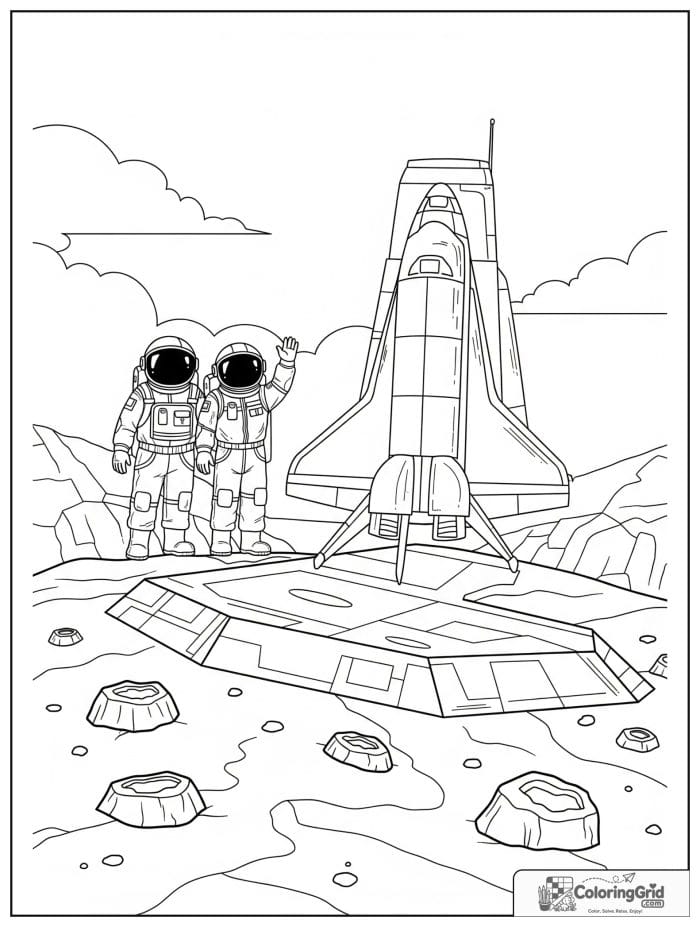 Space shuttle with two astronauts coloring page.
