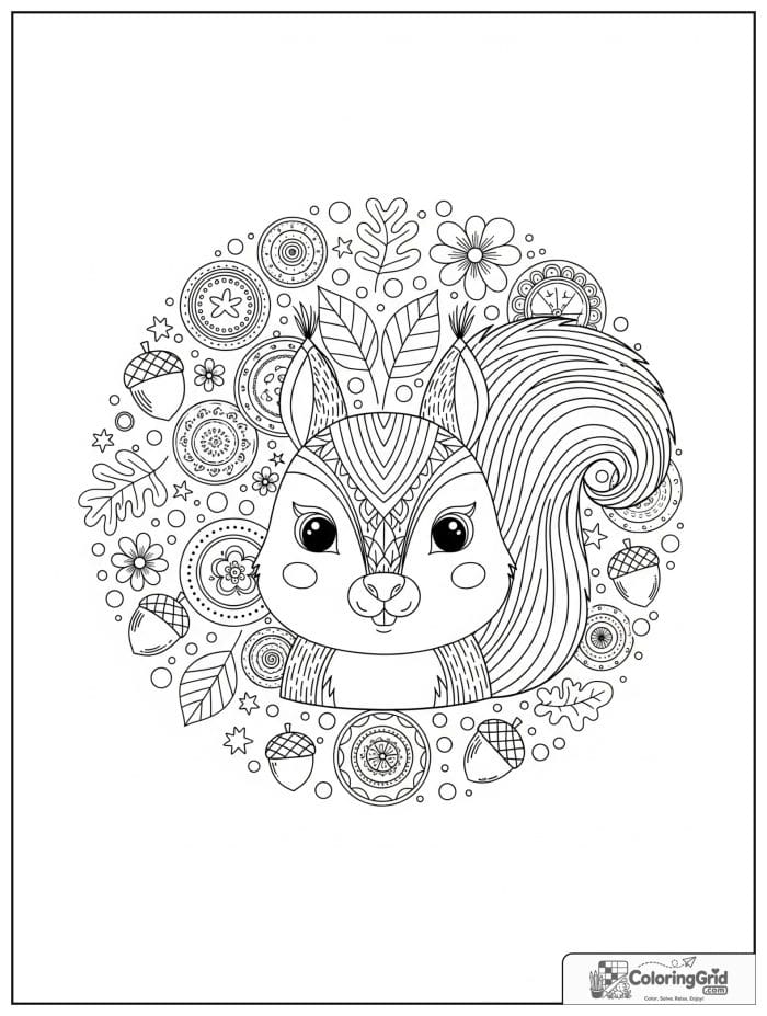 Squirrel animal mandala coloring page with acorns and leaves