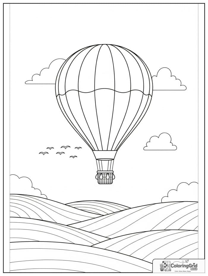 Striped hot air balloon over hills coloring sheet