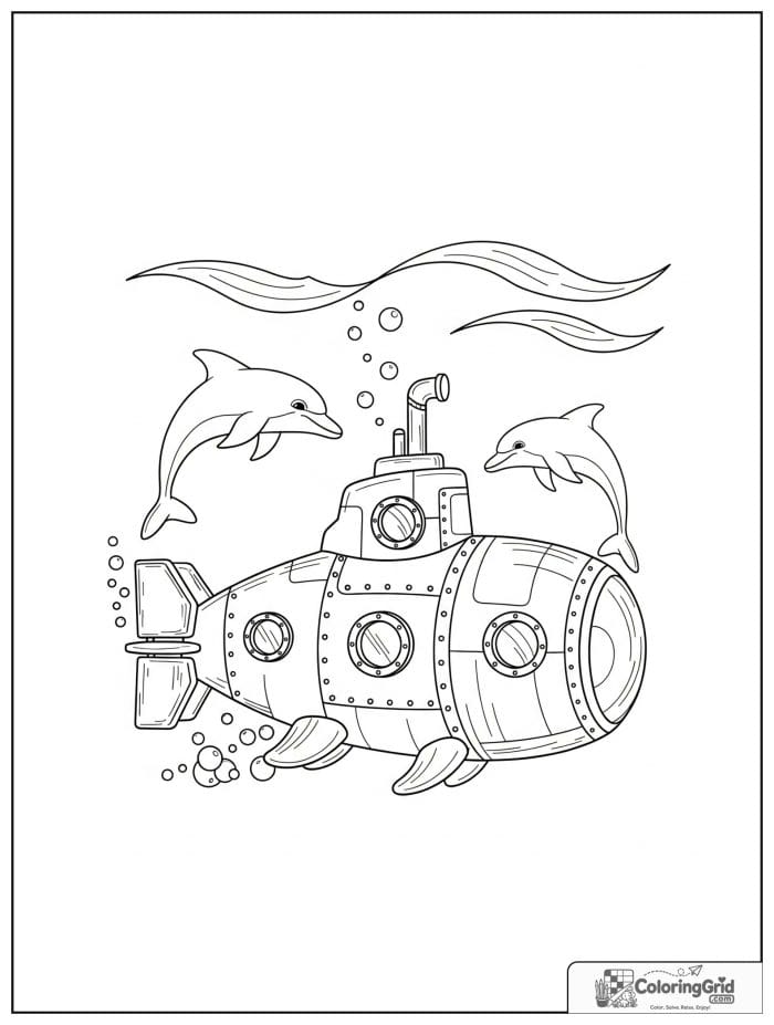 Submarine vehicle and dolphins coloring page