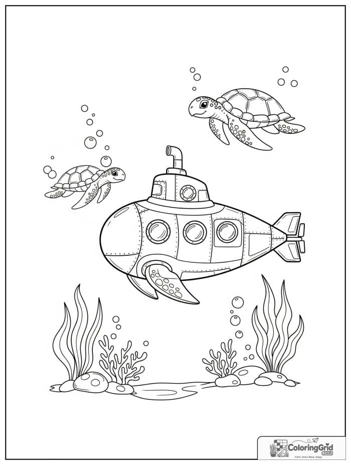 Submarine vehicle and sea turtle coloring page