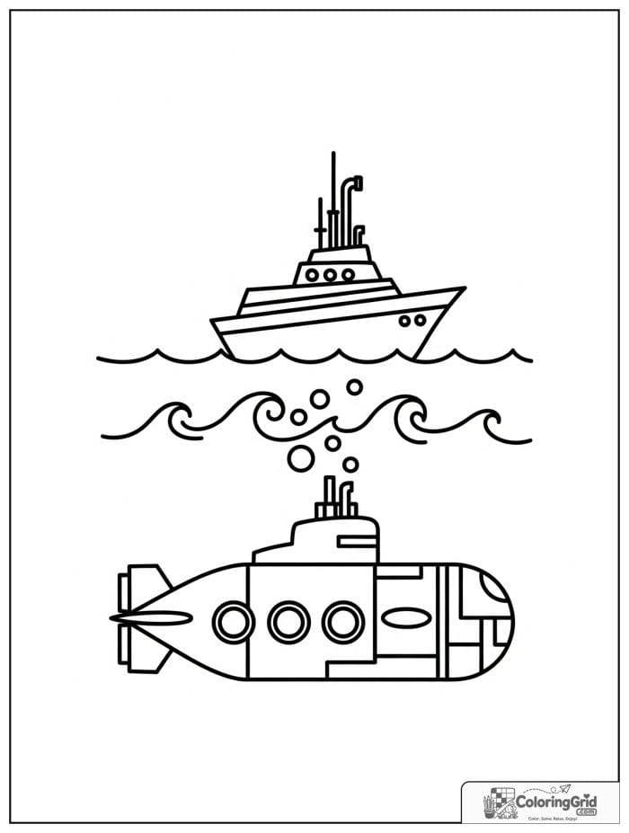 Submarine vehicle below boat coloring page