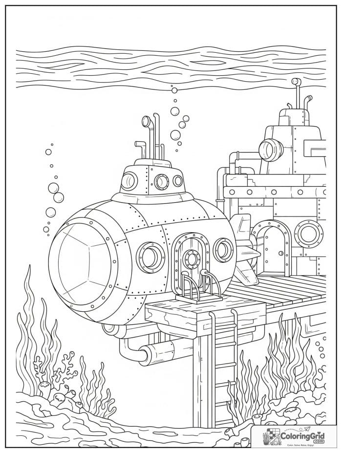 Submarine vehicle docking at underwater base coloring page