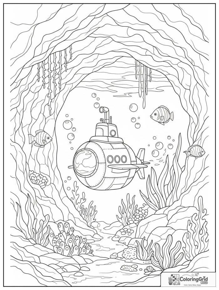 Submarine vehicle in underwater cave coloring page