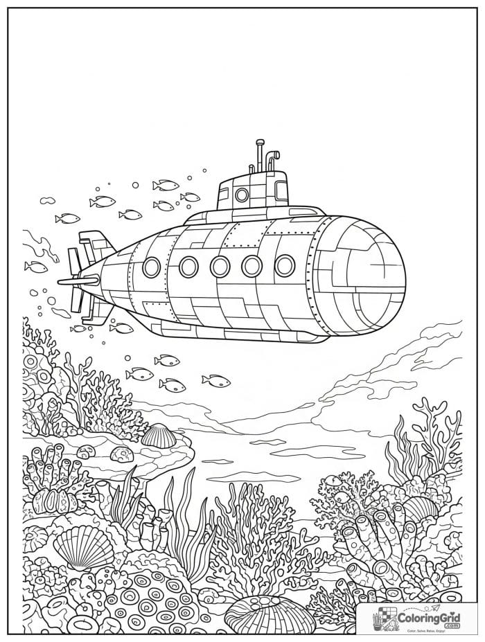 Submarine vehicle near coral reef coloring page