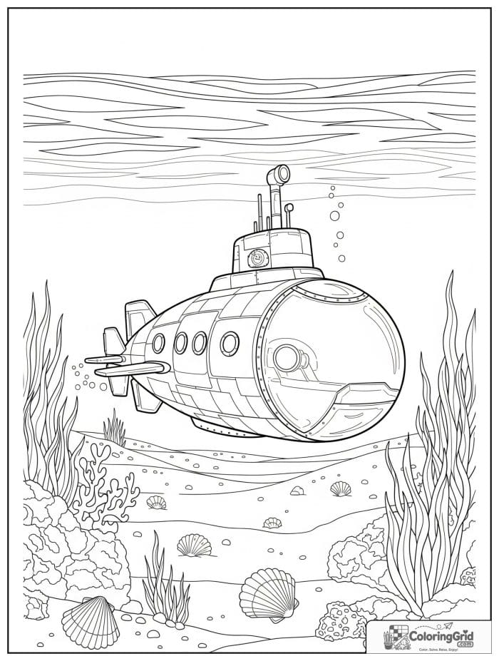 Submarine vehicle over sandy seafloor coloring page