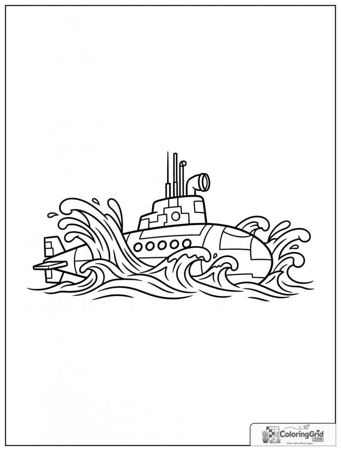 Submarine vehicle surfacing through waves coloring page