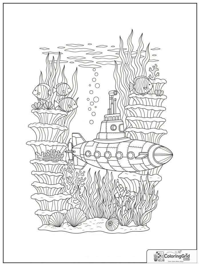 Submarine vehicle through seaweed forest coloring page
