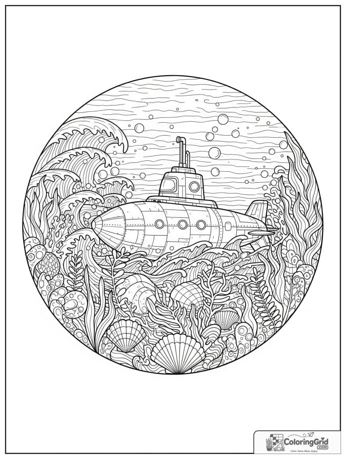 Submarine vehicle in ocean mandala frame coloring page