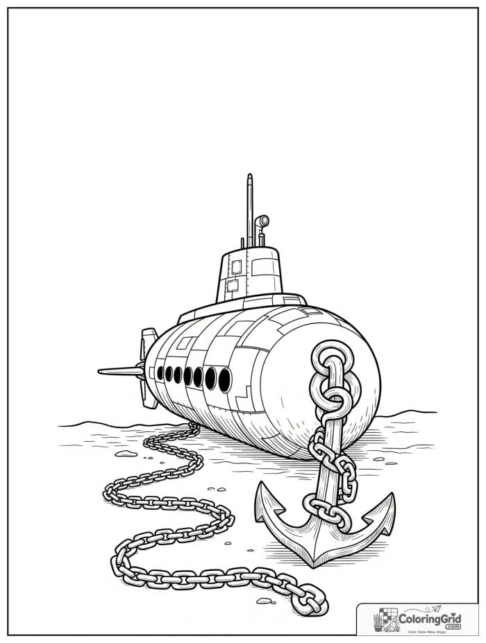 Submarine vehicle near anchor coloring page