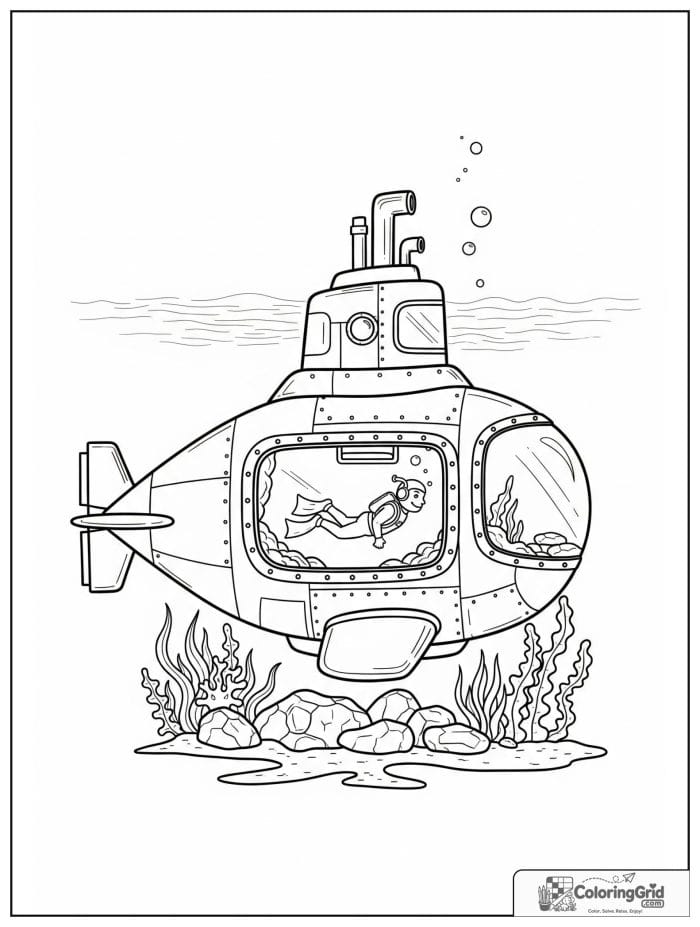Submarine vehicle with diver view coloring page