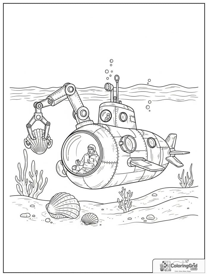 Exploration submarine vehicle with mechanical arms coloring page