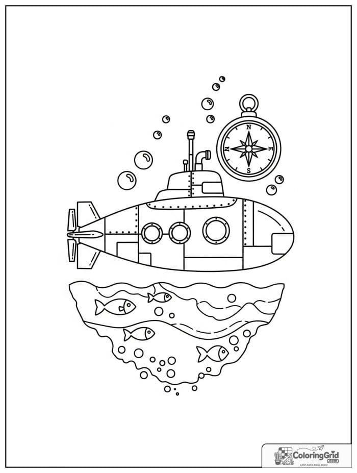 Submarine vehicle with ocean map coloring page