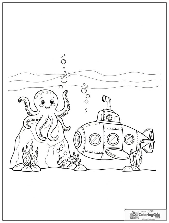 Submarine vehicle with friendly octopus coloring page