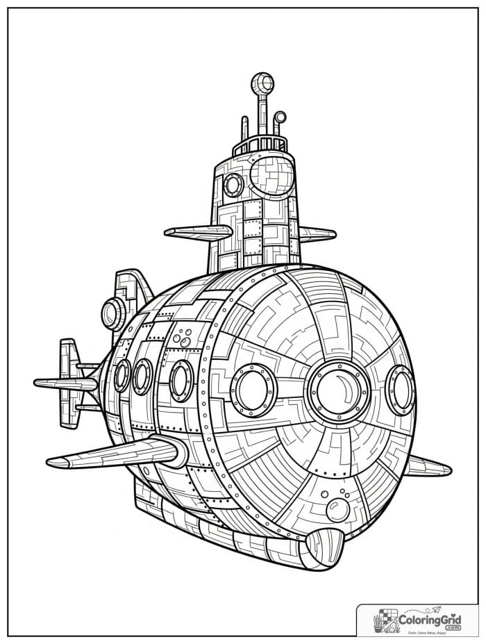 Submarine vehicle with patterned portholes coloring page