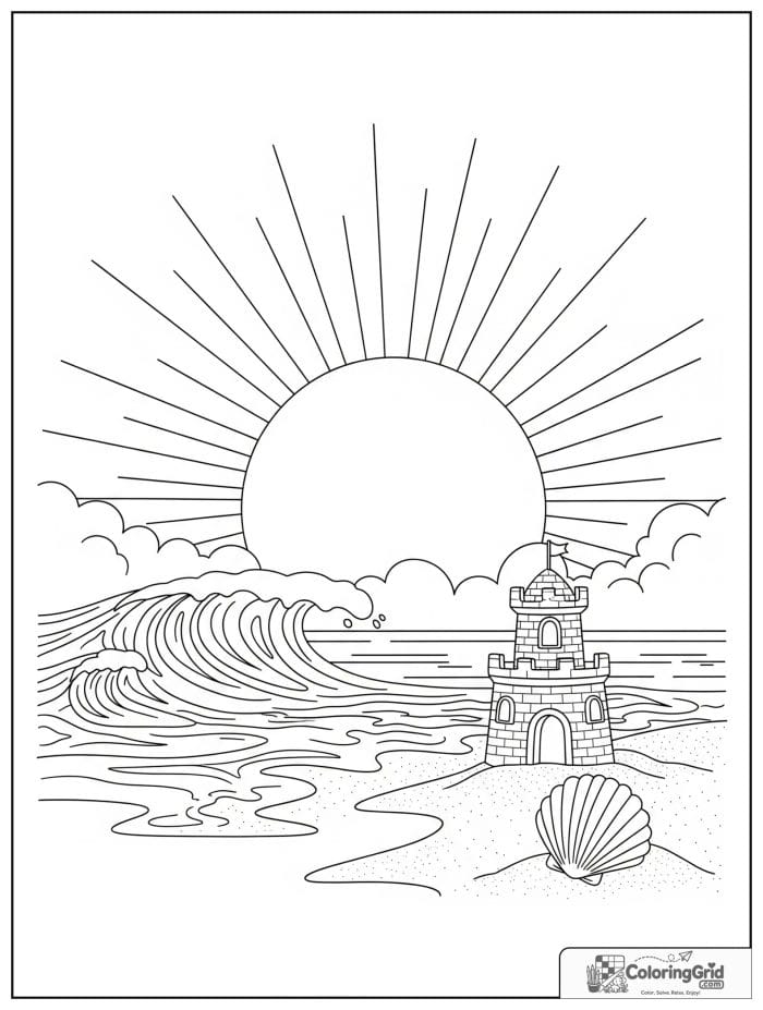 Sun over a beach scene in black and white line art.
