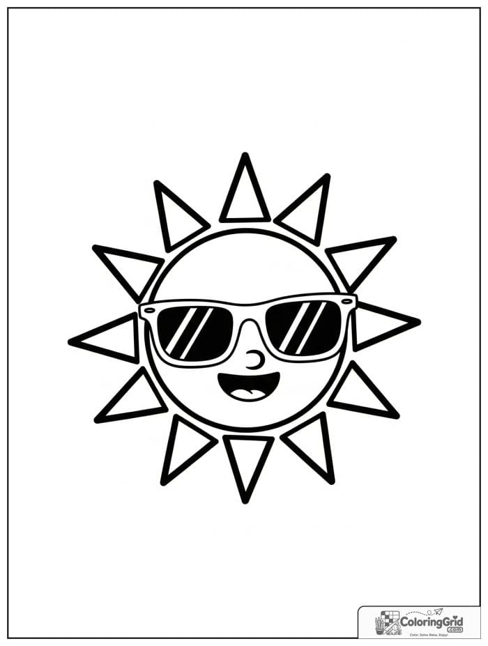 Cartoon sun wearing sunglasses in black and white.