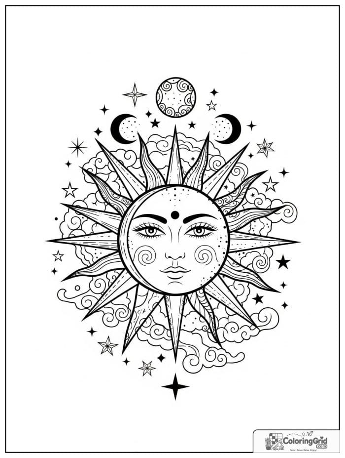 Celestial sun with stars in black and white artwork.