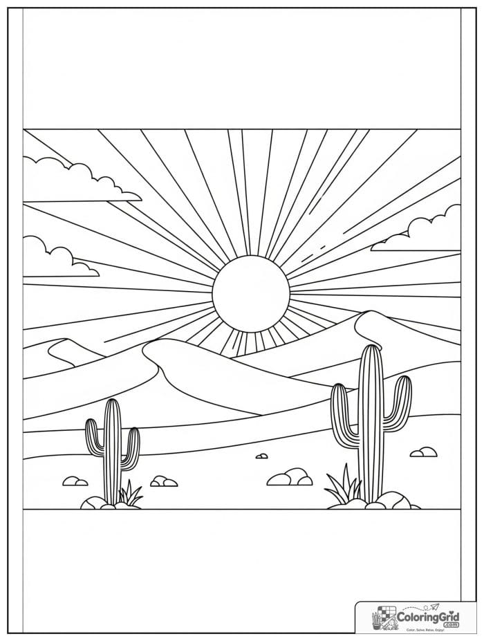 Sun over a desert with cacti in black and white line art.