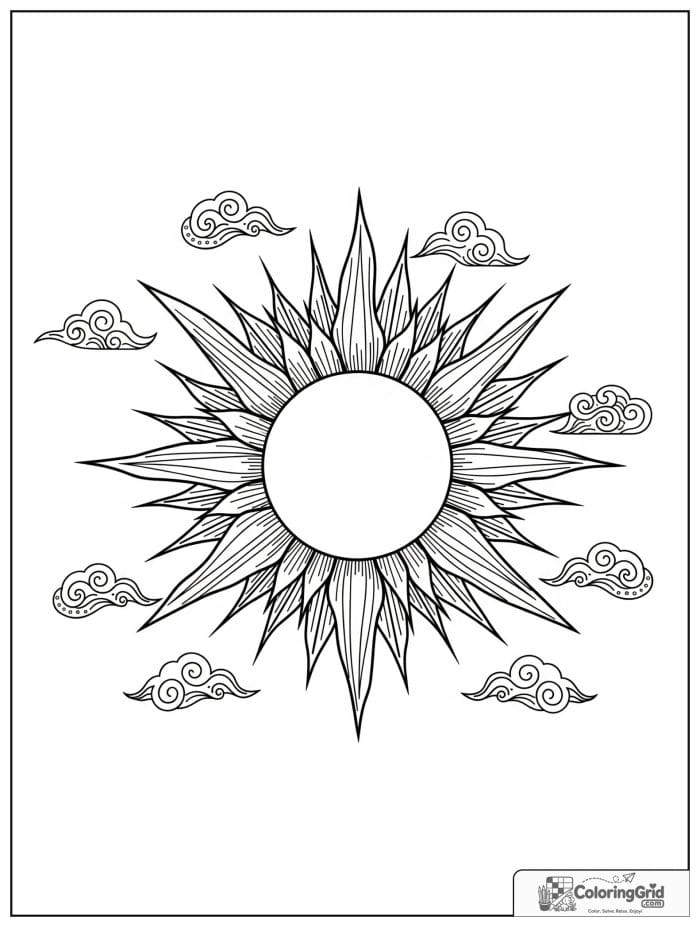 Sunburst framed sun in black and white line art.