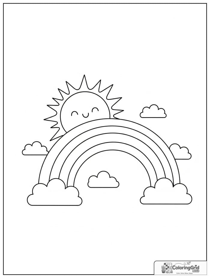 Sun above a rainbow in black and white line art.