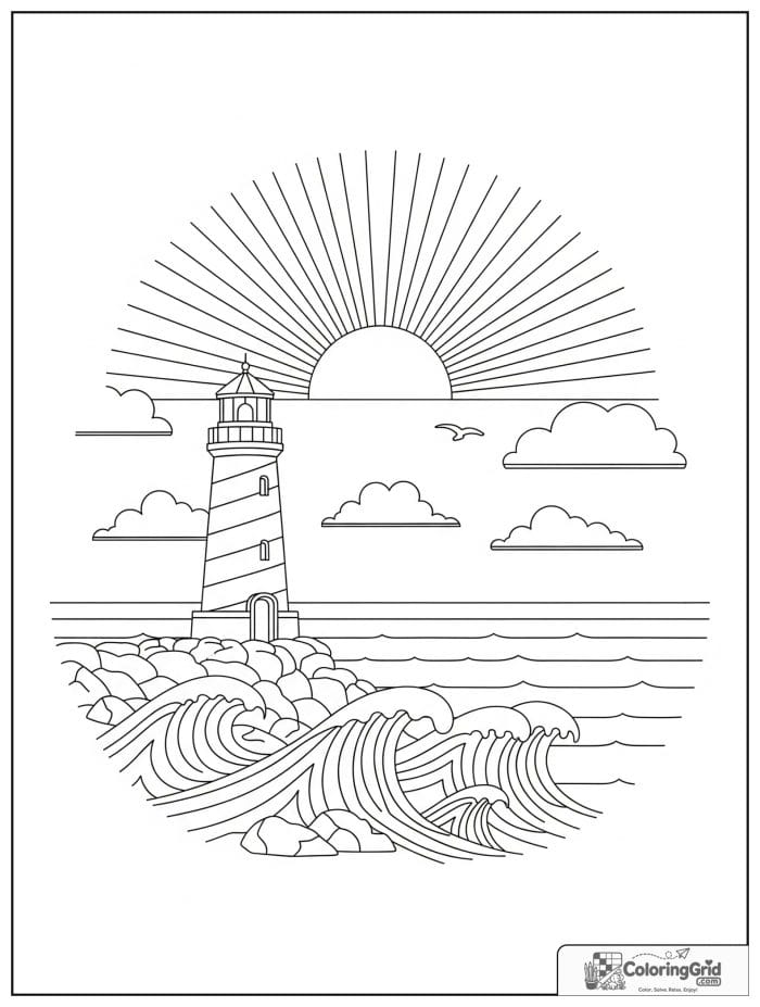 Sun above a lighthouse scene in black and white artwork.