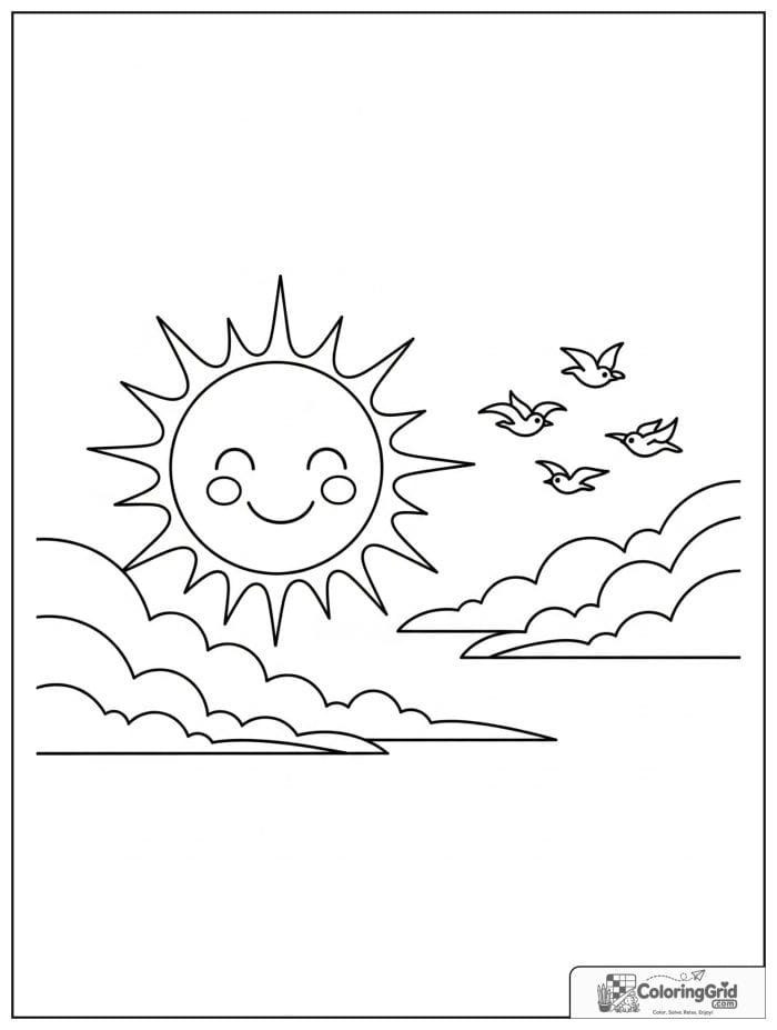 Sun with birds flying nearby in black and white artwork.